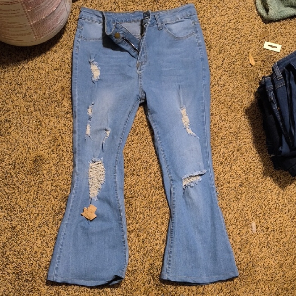 Trendy Light Blue Distressed Flare Jeans
